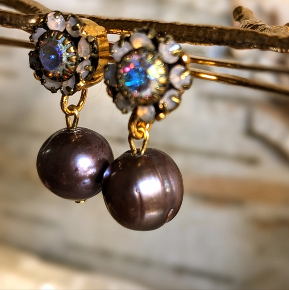 Purple Silver Flower Crystal And Freshwater Pearl Earrings - Picture 3 of 5